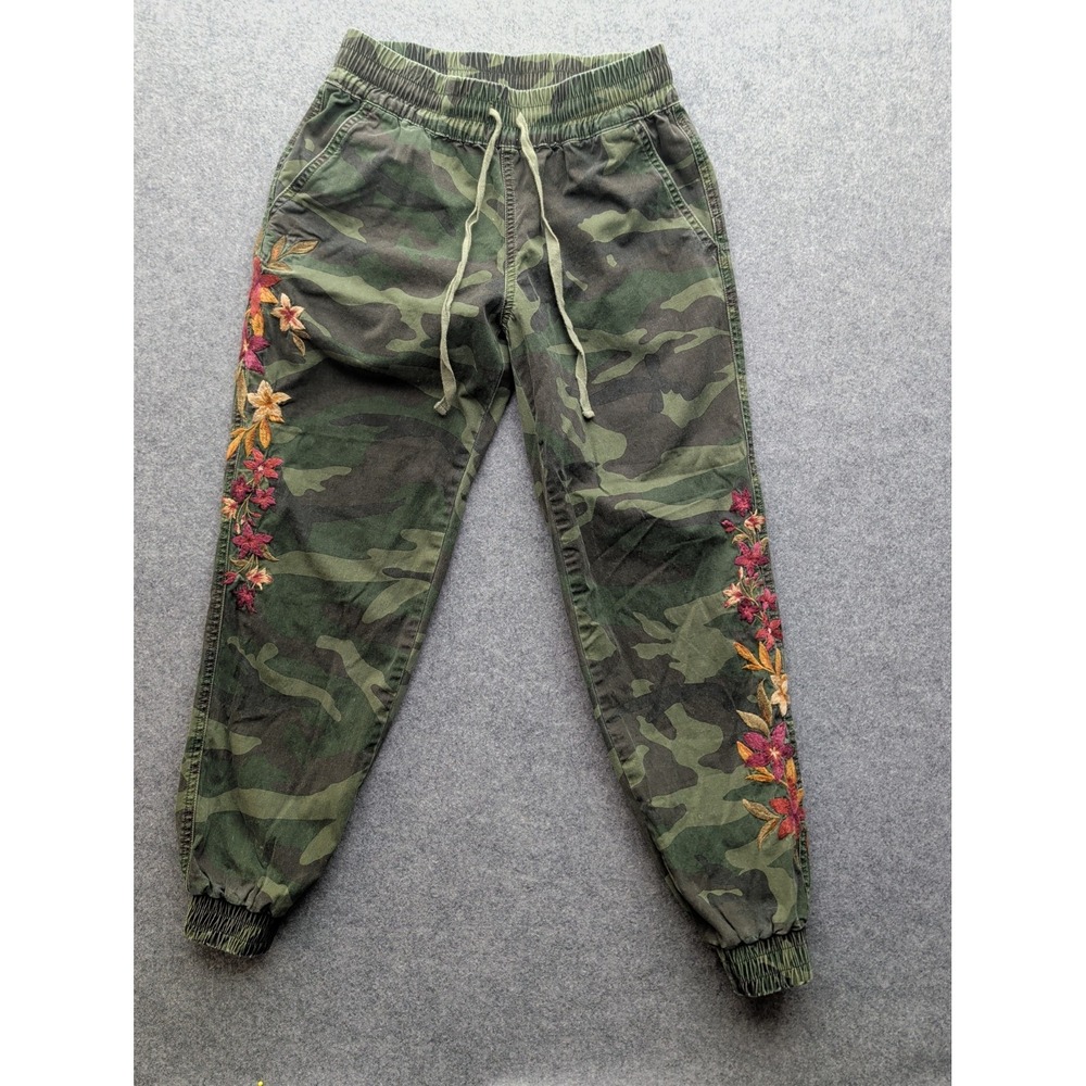 Driftwood Women's XS Camouflage Pants w/ Floral Embroidery Green Pull On Elastic